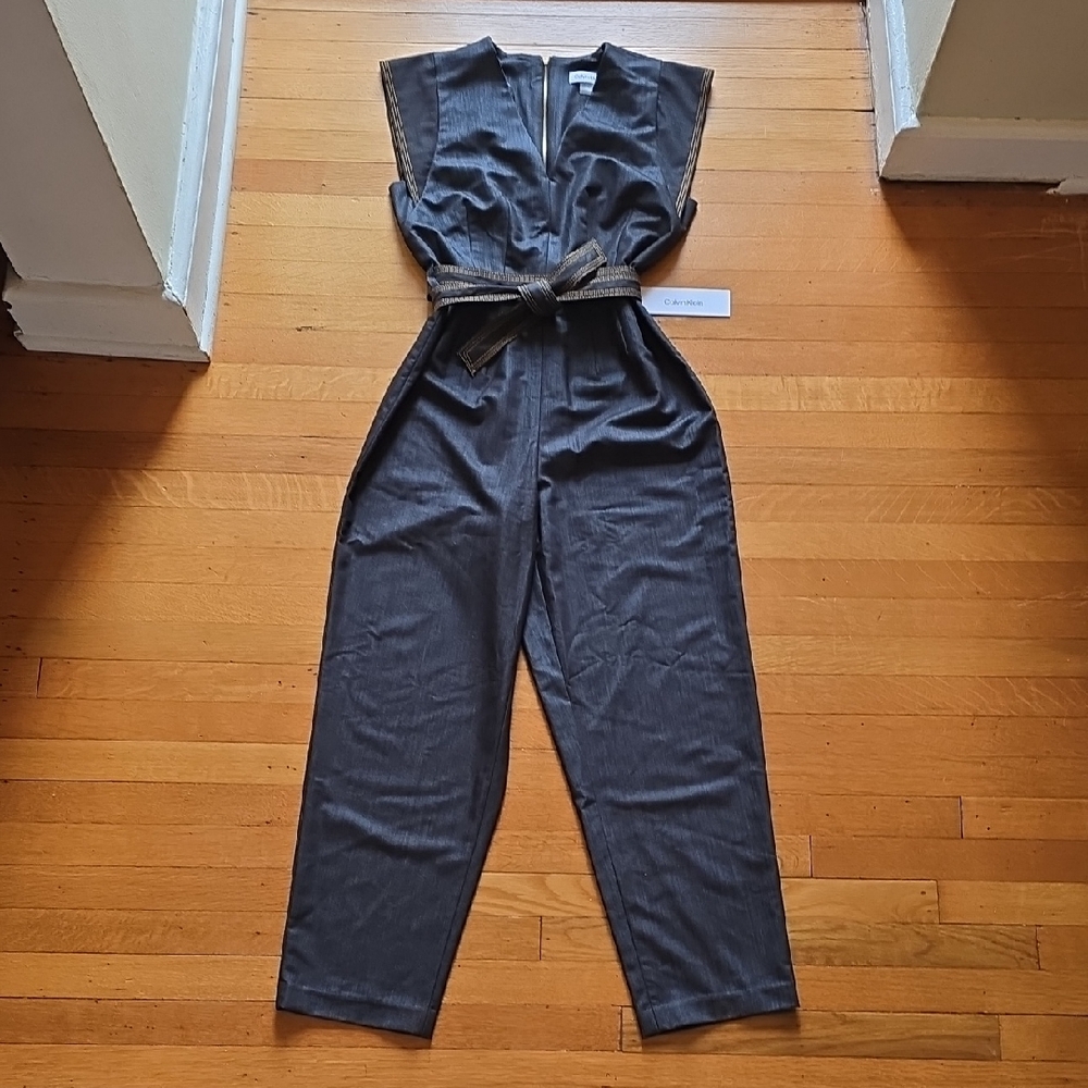 NWT, Calvin Klein, Dark Wash Denim Jumpsuit, Gold Back Zipper, Women's 2